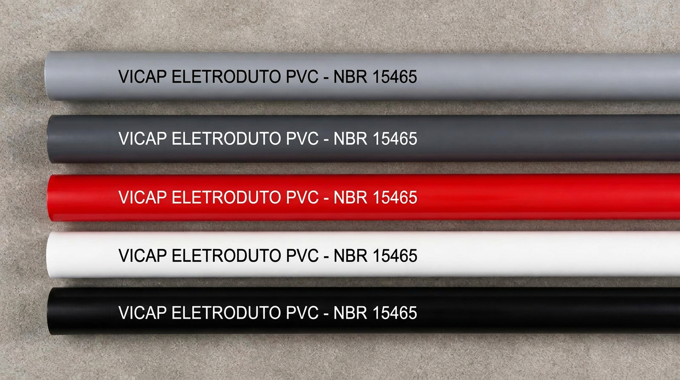 Eletrodutos de PVC em cinza, preto, vermelho, branco e preto lado a lado